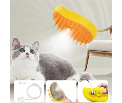 Паровая щетка - расческа для домашнего груминга котов и собак 3 в 1 Cat Steam Brush (Кет Стим Браш) Желтый/Оранжевый