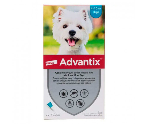 Капли для собак 4-10 кг от блох и клещей Bayer Elanco Advantix (Байер Адвантис) 4 пипетки по 1 мл
