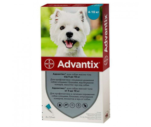 Капли для собак 4-10 кг от блох и клещей Bayer Elanco Advantix (Байер Адвантис) 4 пипетки по 1 мл